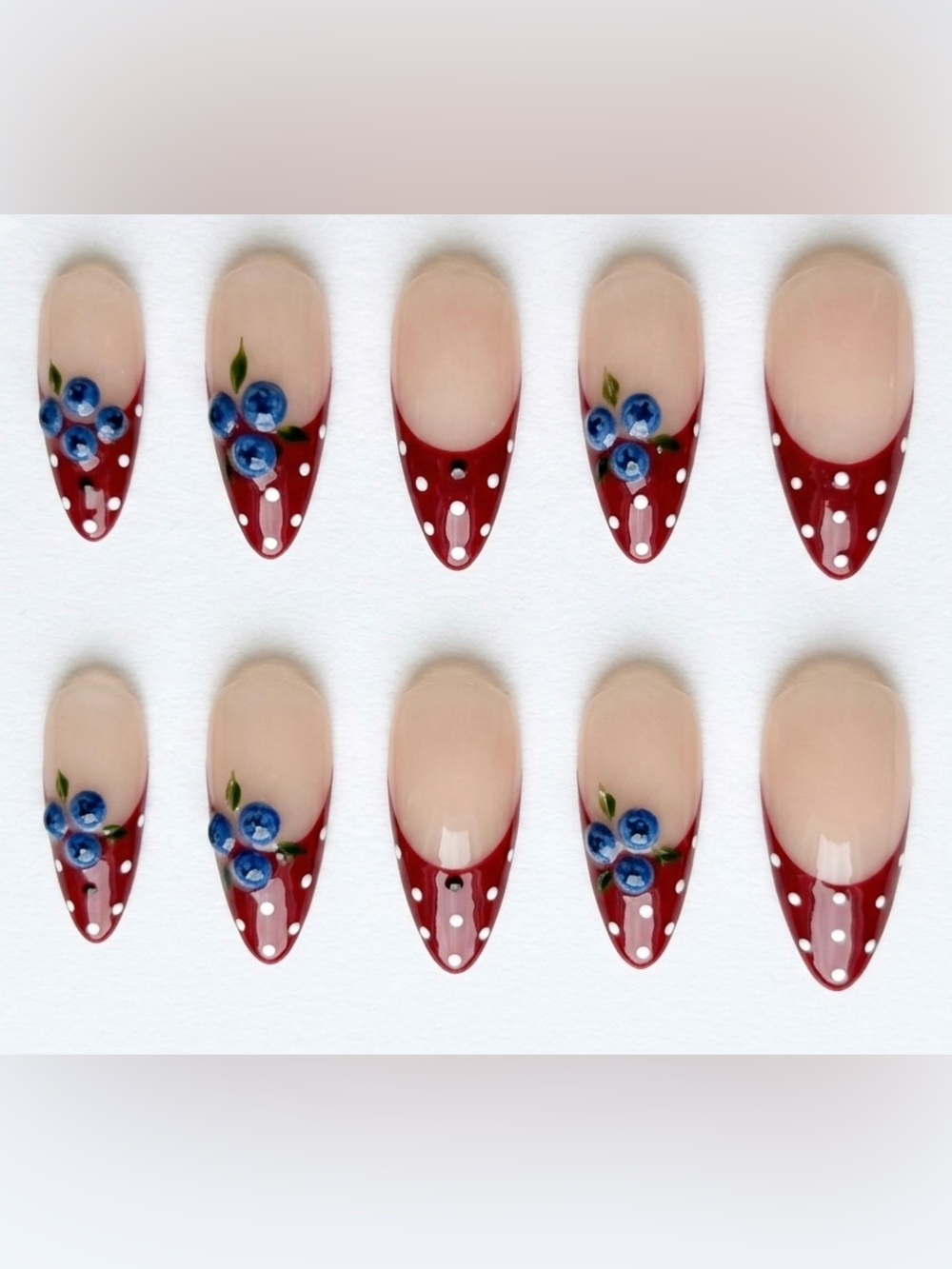 Hand-Painted Blueberry Accent Almond Press-On Nails in Burgundy